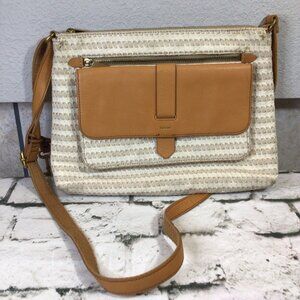 FOSSIL Kinley Crossbody Bag Purse Canvas Leather White and Camel